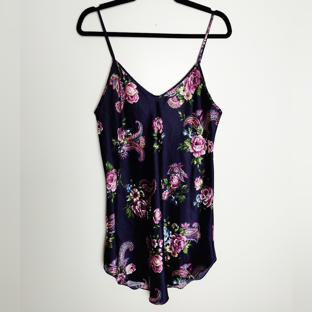Vintage Intimate Moods Silky Paisley And Floral Navy Chemise, Size M/L